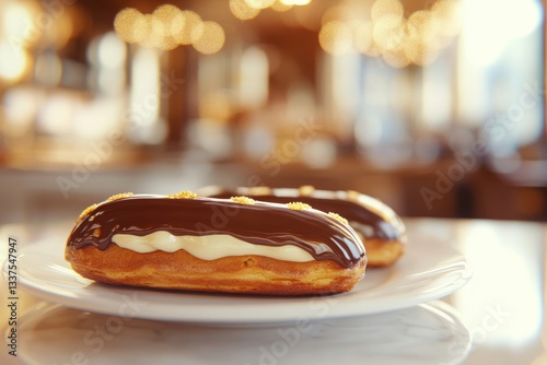 Glossy chocolate éclairs with creamy filling on a porcelain plate, captured with blurred elegant Parisian patisserie background – perfect for Parisian dessert photography