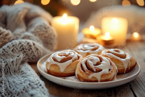 Warm gooey cinnamon rolls with vanilla icing on a rustic wooden table, captured with blurred Scandinavian hygge-inspired background – perfect for cozy dessert photography