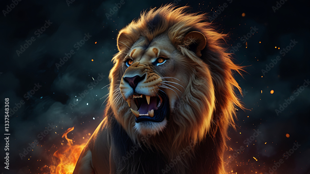 Intense Lion Portrait with Smoldering Embers and Mystical Aura
Intense Lion Portrait with Smoldering Embers and Mystical Aura