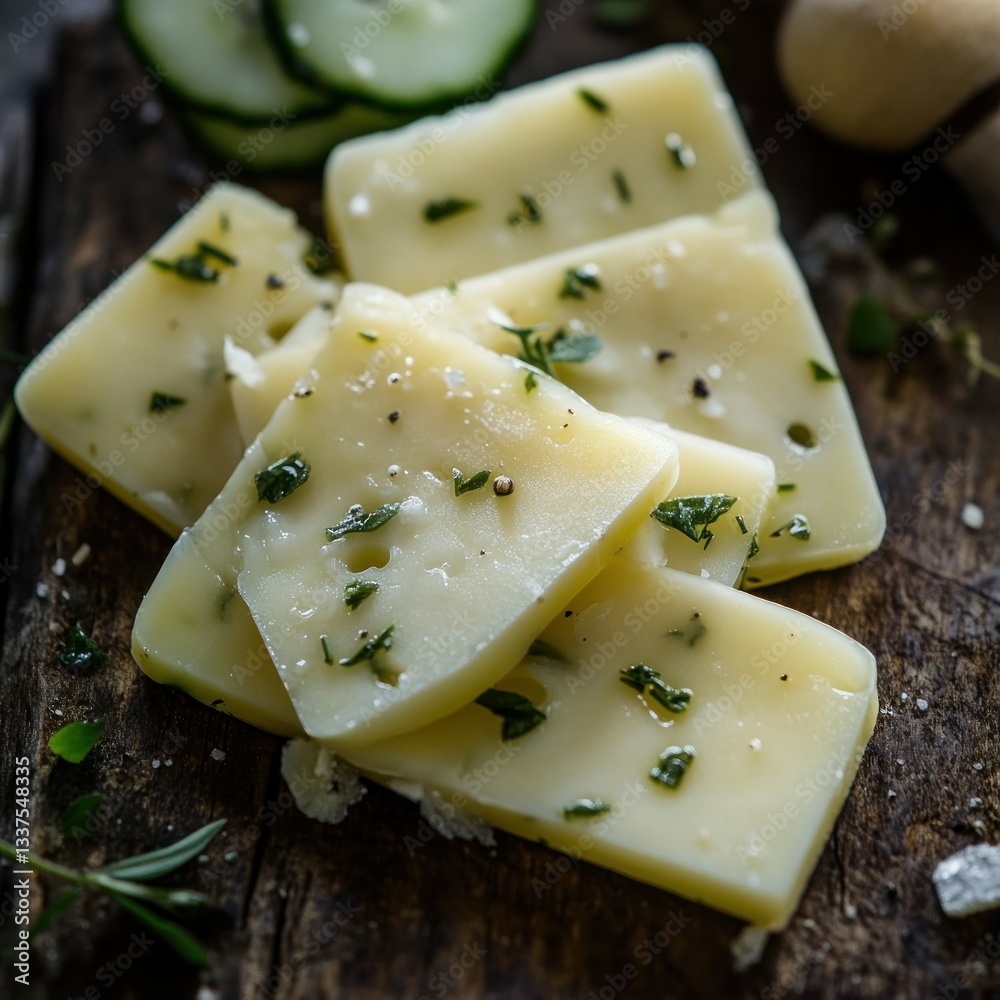 Flavored cheese slices on a rustic board Flavored cheese slices on a rustic board