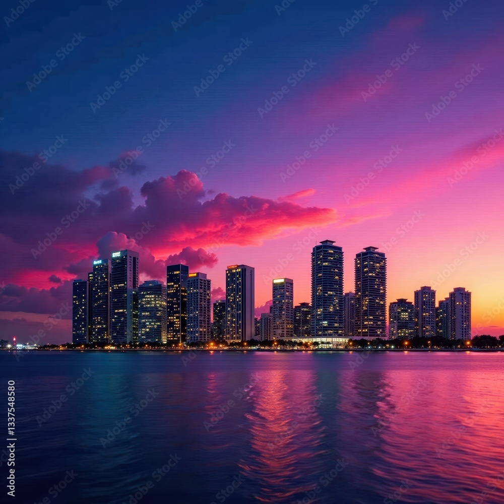 Fototapeta premium Miami's dazzling skyline at sunset, vibrant colors , night, water, sunset