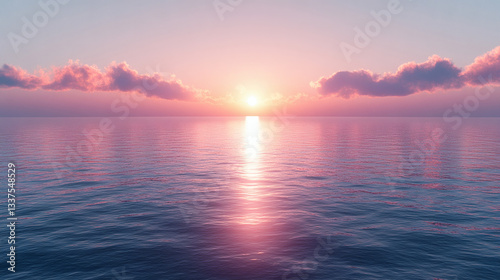 Pink and Purple Sunset Over Calm Ocean Panorama