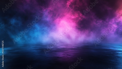 Vibrant pink and blue mist over a reflective water surface.