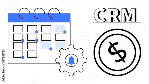 Calendar with event markers, cogwheel with notification bell, CRM text, and dollar coin. Ideal for productivity, organization, CRM, management finance reminders business. Flat simple metaphor