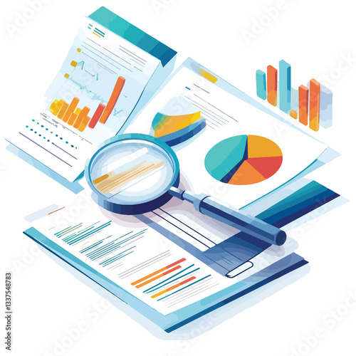 Professional Magnifying Glass and Documents with Analytics Data EPS