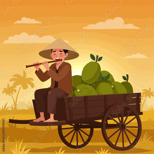 Farmer Playing Flute Rides Cart Full of Fruit at Sunset