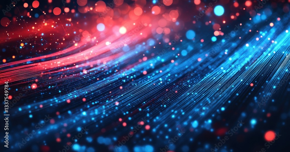 Abstract digital wave with red and blue bokeh lights.