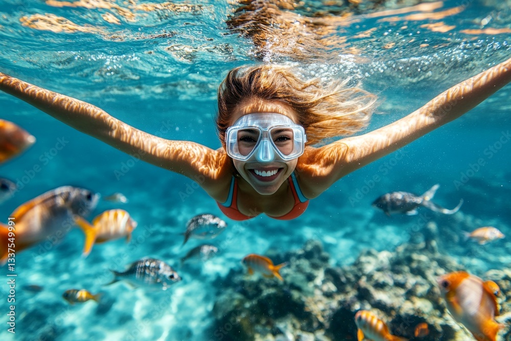 Fototapeta premium A dense school of silver fish swims next to her. Bright commercial style image. A gorgeous and sexy happy mixed-race young woman with medium hair with a happy face snorkeling among the coral.