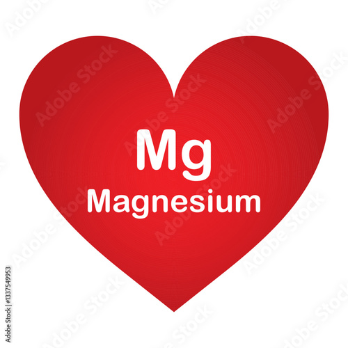 Magnesium Mg symbol inside of a Red heart isolated on white background, vector illustration icon flat design. Healt care concept sign. Magnesium supplement b6 vitamin food Mg potassium. EPS 10