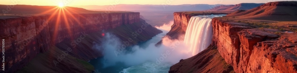 Sunlit Grand Canyon waterfall, mist rising, vibrant colors , photography, summer, untamed Sunlit Grand Canyon waterfall, mist rising, vibrant colors , photography, summer, untamed