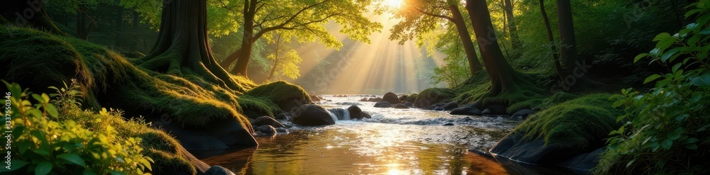 Sunlit woodland scene, Barle River flowing near Tarr Steps, leaves, Barle River, picturesque Sunlit woodland scene, Barle River flowing near Tarr Steps, leaves, Barle River, picturesque
