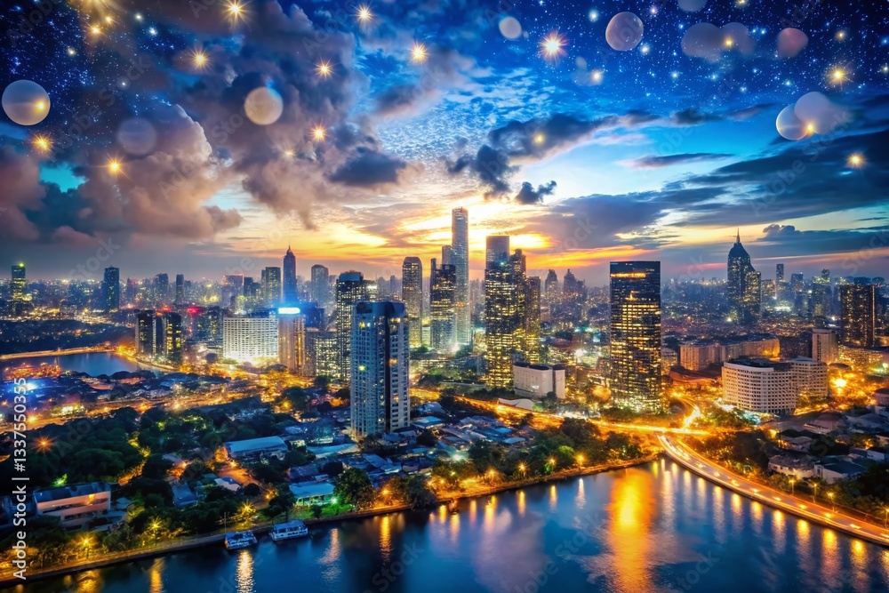 Fototapeta premium Aerial View of City Lights at Night - World Sleep Day Background