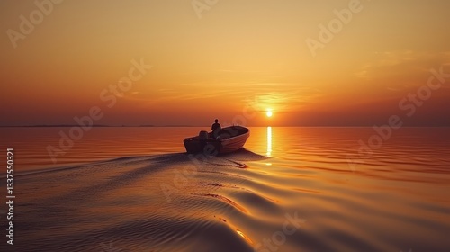 Solitary boatman navigating tranquil sunset waters.