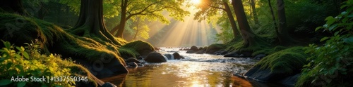 Sunlit woodland scene, Barle River flowing near Tarr Steps, leaves, Barle River, picturesque photo