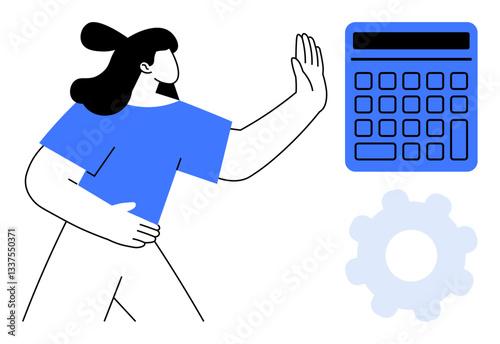 Woman raising hand in a stop gesture toward a calculator, with a gear nearby. Ideal for themes of rejection, opposition, boundaries, decision-making, work-life balance, manual effort, independence