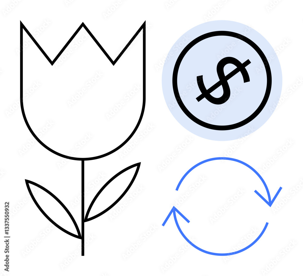 Obraz premium Minimalist flower, dollar sign, and circular arrows representing eco-finance, green economy, environmental conservation, and circular economy. Ideal for sustainability, environmental practices