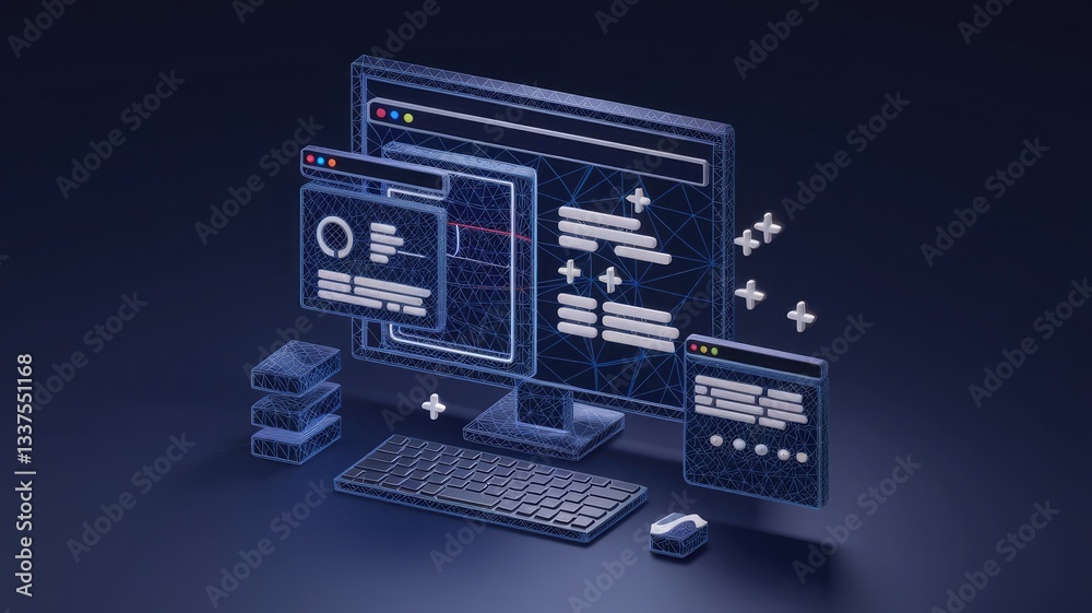 Abstract polygonal 3d illustration of computer screen and robotics in dark blue. Innovative web development, app or website design concept. Digital vector mesh with lines, dots, stars and particles Abstract polygonal 3d illustration of computer screen and robotics in dark blue. Innovative web development, app or website design concept. Digital vector mesh with lines, dots, stars and particles
