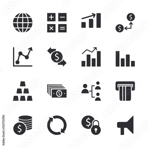 A set of black and white icons that represent money and finance