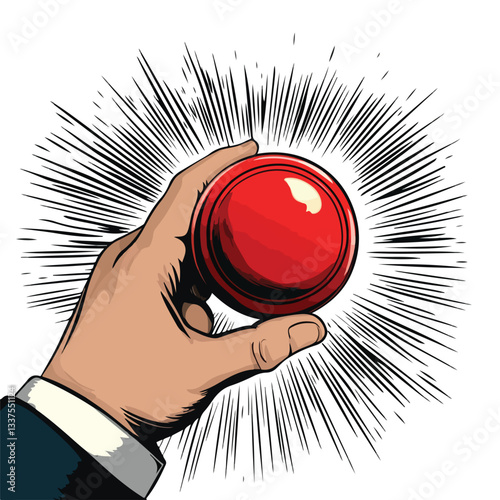 Man Hand Pressing Big Red Button Pop Art Vector Illustration