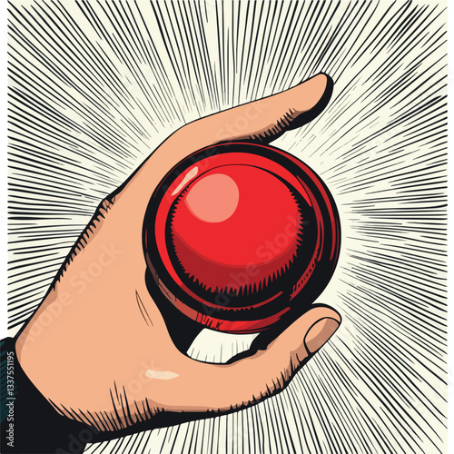 Man Hand Pressing Big Red Button Pop Art Vector Illustration