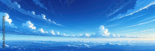 Serene blue sky panorama with fluffy white clouds in artistic dreamscape 70mm lens