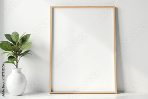 Blank white wooden frame on white wall Minimalist interior decor , home decor, frame mockup, decor