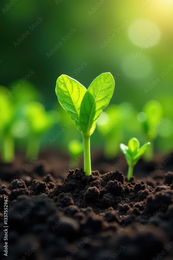 Close-up view of small lettuce plants emerging from earth , green shoots, growth, farming Close-up view of small lettuce plants emerging from earth , green shoots, growth, farming