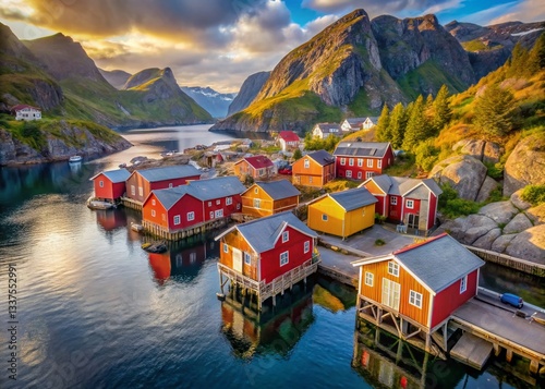 Aerial View of Nusfjord, Lofoten Islands, Norway - Colorful Traditional Wooden Houses
