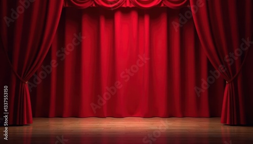 Crimson velvet curtains rise, revealing starkly lit empty stage , lights, empty, show
