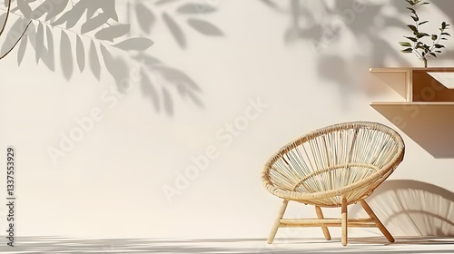 Stylish Minimalist Interior Featuring Rattan Chair and Decorative Shelf with Green Plant Shadows
