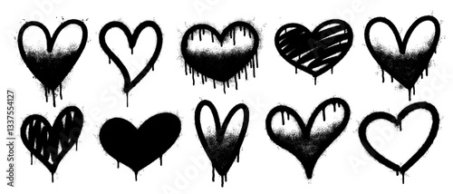 Set of graffiti spray paint heart icon. design elements for banner, flyer, street art, cards, poster, and ads.