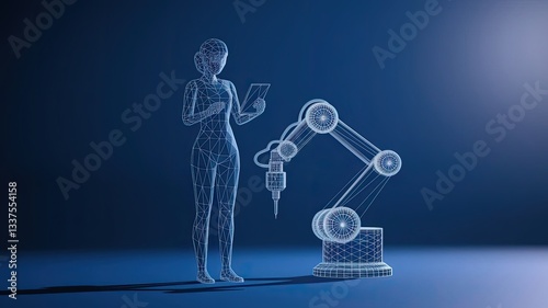 Abstract polygonal engineer holding tablet and controlling robotic arm and robotic tool. Smart technology manufacturing process in dark blue. Vector image of industrial technology, automation concept 