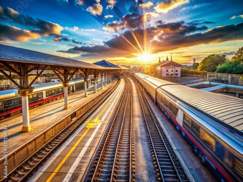 Wallpaper Mural Aerial View of Train Station Platform with Departing Train - Drone Photography Torontodigital.ca