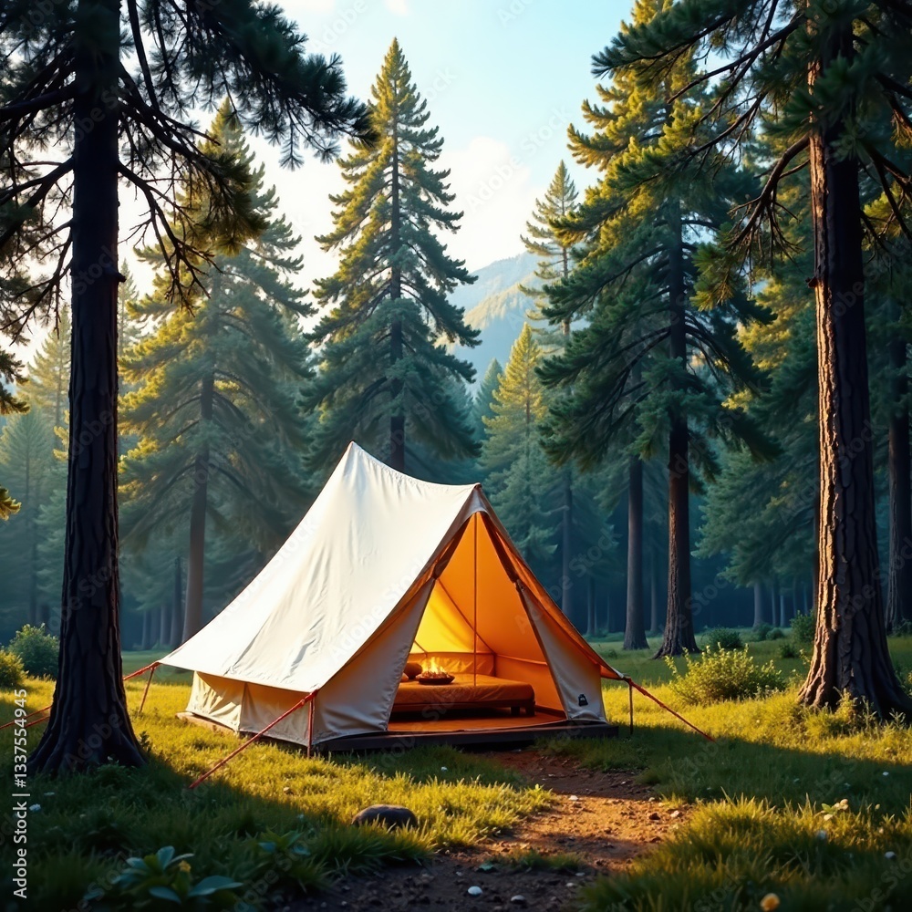 Cozy canvas tent nestled among towering pines , serene, shelter Cozy canvas tent nestled among towering pines , serene, shelter