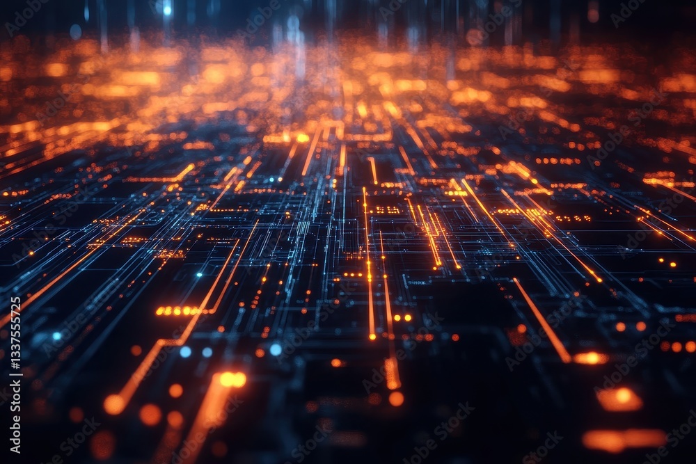 Fototapeta premium Futuristic circuit board with glowing blue and orange pathways.