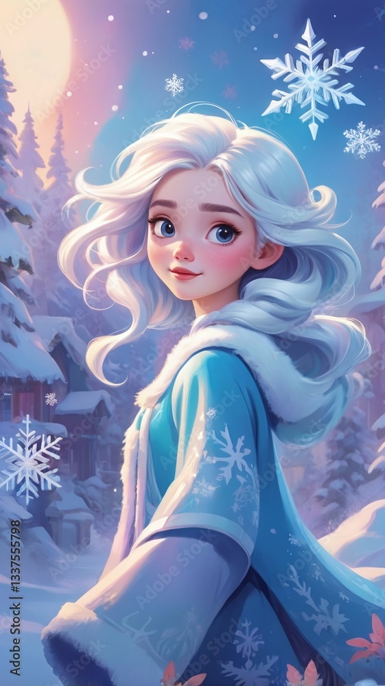 Winter walk and adventure of cartoon girl. Cartoon young woman enjoy mountain landscape, skyline with white snow and ice on peaks and cold scenery. Winter walk and adventure of cartoon girl. Cartoon young woman enjoy mountain landscape, skyline with white snow and ice on peaks and cold scenery.