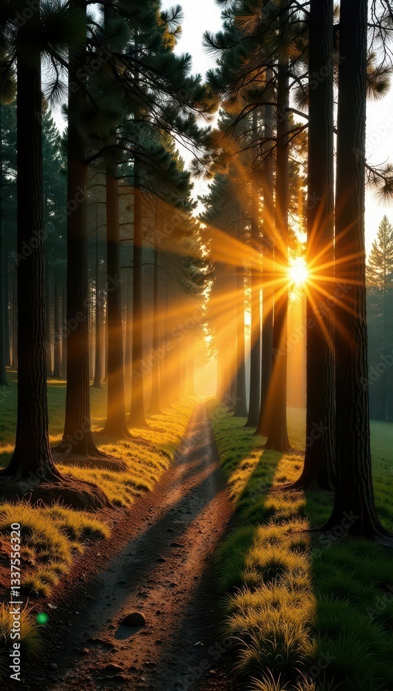 Fototapeta premium Golden hour light filters through tall pines, creating long shadows , sun rays, daybreak, backdrop
