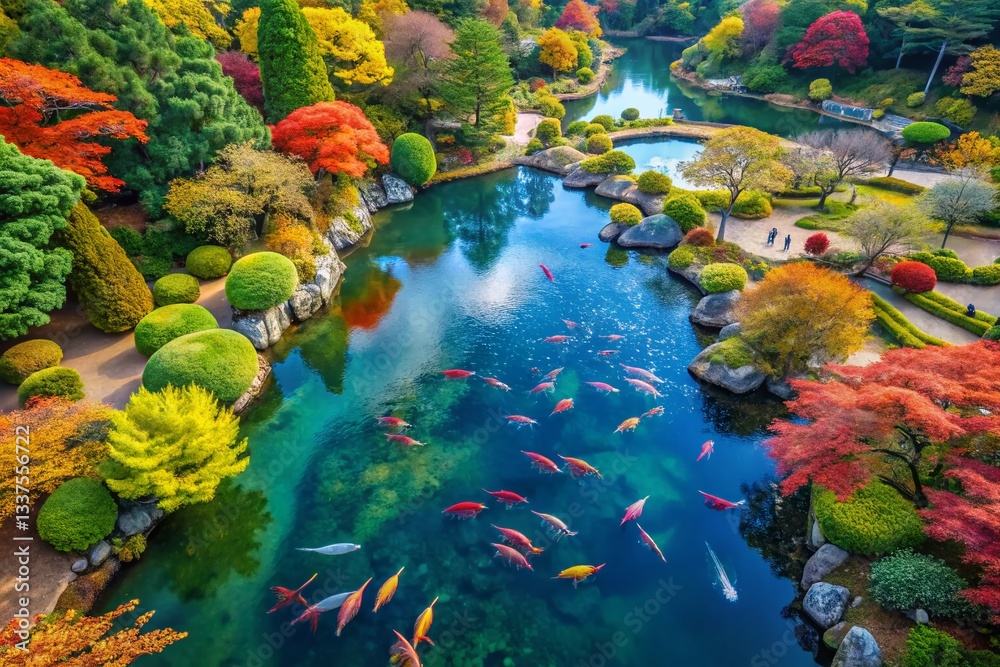 Fototapeta premium Aerial View: Tranquil Japanese Garden with Vivid Koi Pond & Autumn Foliage