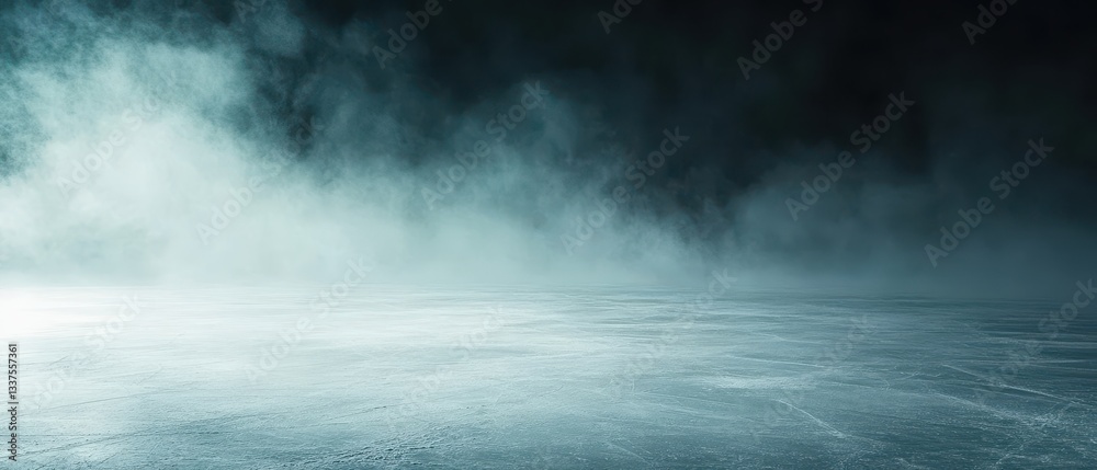 Fototapeta premium Fog drifts over an empty, eerie ice-covered landscape.