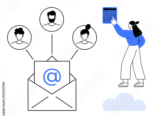 Email envelope linking avatars, representing communication or teamwork, and a figure reaching towards a calculator. Ideal for collaboration, networking, email marketing, team management, data