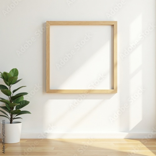 Empty wooden frame on white wall, minimalist interior , blank, empty, wood grain