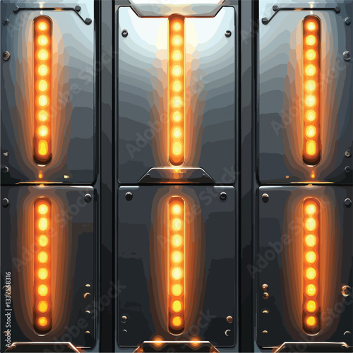 Glowing Metallic Panels with Vibrant Orange Lights Vector Illustration