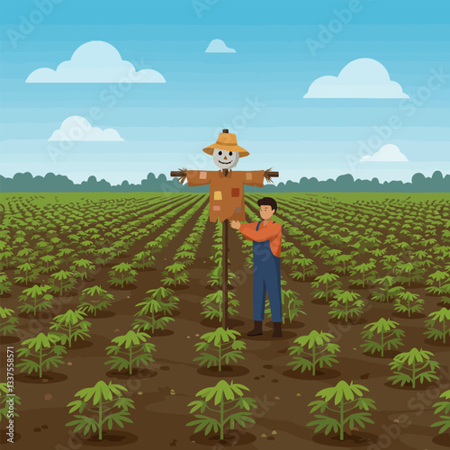 Farmer with Scarecrow in Field Preparing Crop for Autumn Harvest