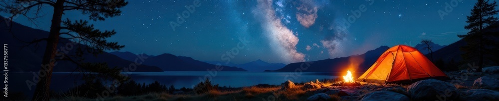 Fototapeta premium Starry night sky above glowing campfire, canvas tent , tranquil, wilderness