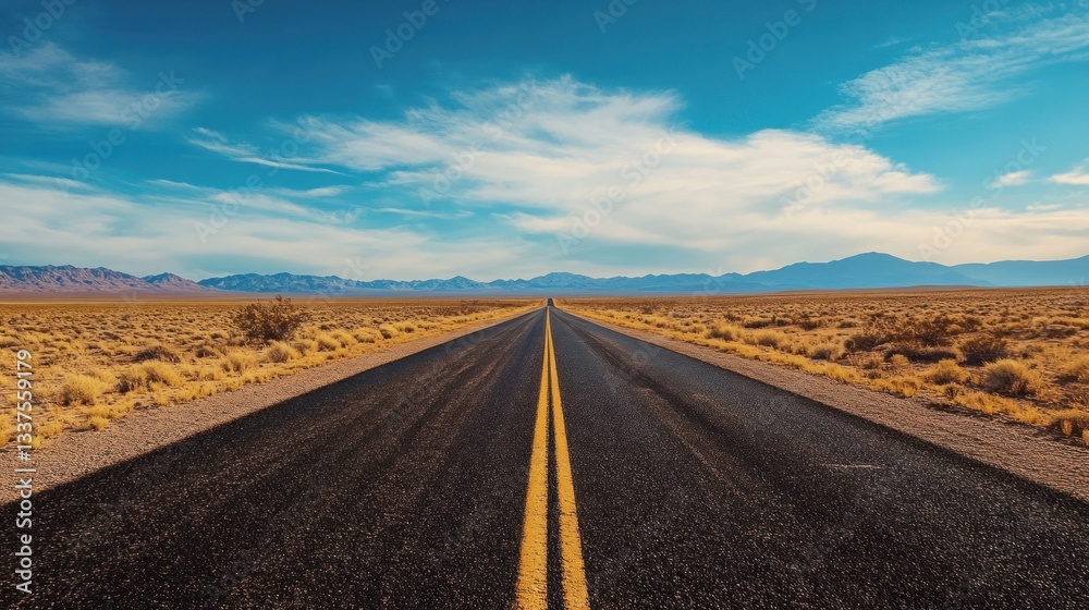 Naklejka premium Endless journey on a desert road under a vast sky in a panoramic landscape