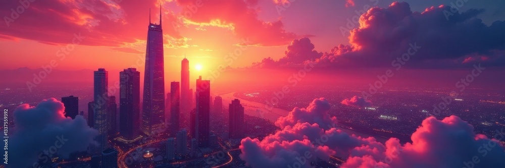 Fototapeta premium Sunset paints futuristic skyscrapers, neon lights gleam , shadows, orange