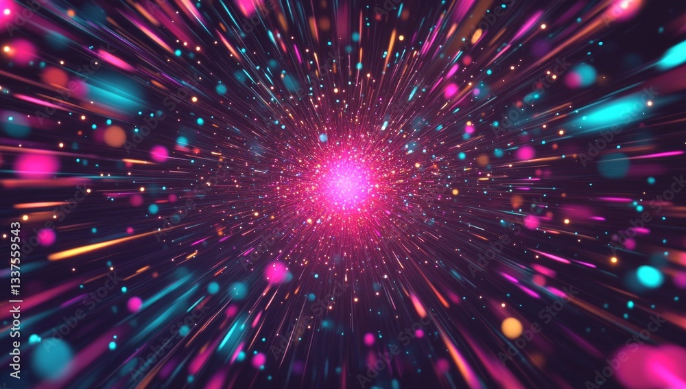 Vibrant cosmic explosion radiating outwards. Particles in motion Vibrant cosmic explosion radiating outwards. Particles in motion