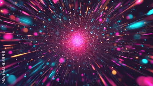 Vibrant cosmic explosion radiating outwards.  Particles in motion