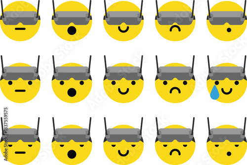 Set of fpv operator emoji smiles with goggles
