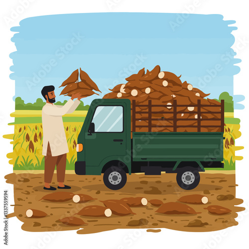 Farmer Loading Cassava Crop on Truck in Field Illustration